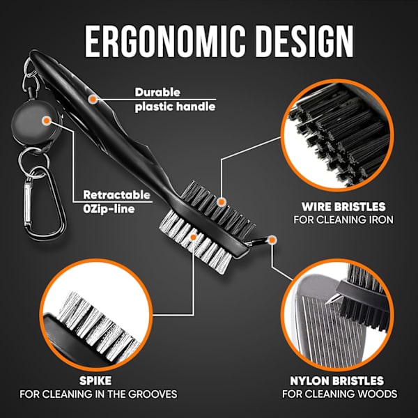 Golfkølle Rensebørste og Rillerenser med Udtrækkelig Klips, Forlænger 2 ft Messing, Ergonomisk Design, Fastgøres Nemt til Golftaske (Sort)