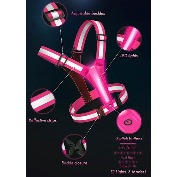 Heijastava juoksuliivi, valaiseva liivi yöjuoksuun, USB ladattava, jopa 11 tuntia valoa, säädettävä vyötärö ja olkapäät pink