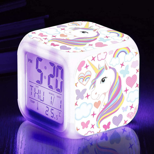 Flickväckarklockor, Unicorn nattljus Barnväckarklockor med 4-sidigt enhörningsmönster & 9 sorters led glödande väckarklocka vid sängen