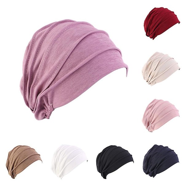 Dam Bomull Elastisk Beanie Mjuk Turban Motorhuv Head Wrap Hedging Lamell Chemo Hat (2st) pink + brown