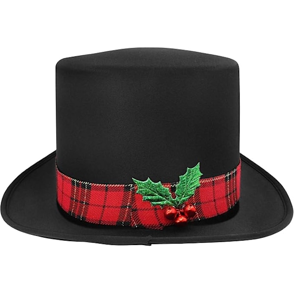 Snemand Top Hat med ternet bånd, kristtjørn og bær - Jule-grim sweater-partyhatte - Caroler-kostume Top Hat - Trætop