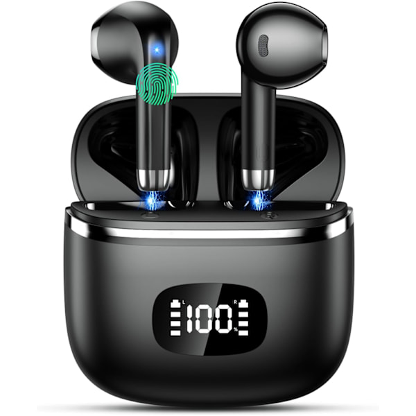 Trådløse Bluetooth-øretelefoner, Bluetooth 5.3-øretelefoner med 4 HD-mikrofoner HiFi Stereo, LED-skjerm, IPX7 vanntett