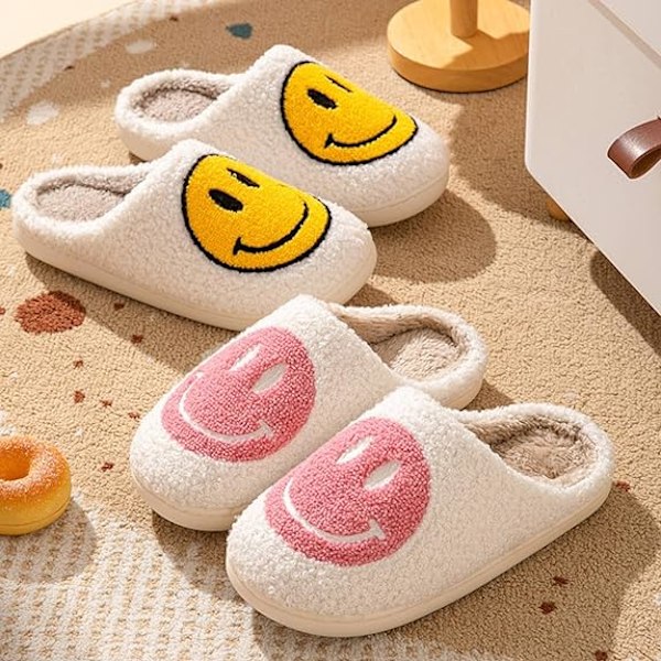 Smile Face Tøfler Innendørs Utendørs, Smile Happy Face Tøfler, Retro Tøfler for Kvinner Hus Myke Fluffy Tøfler. pink