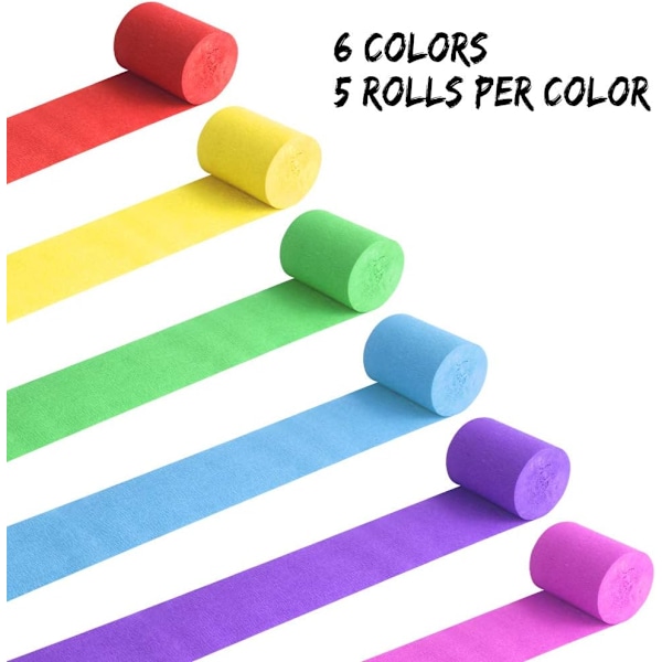 Kreppband 30 rullar pappersströmmare för hantverk 6 färger krepppapper 4,5 cm x 25 m