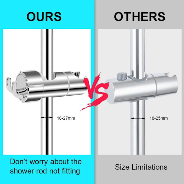 Handduschhållare för 16-27 mm glidstång, justerbar ersättningsduschhållare, 360° rotation, med 2 krokar