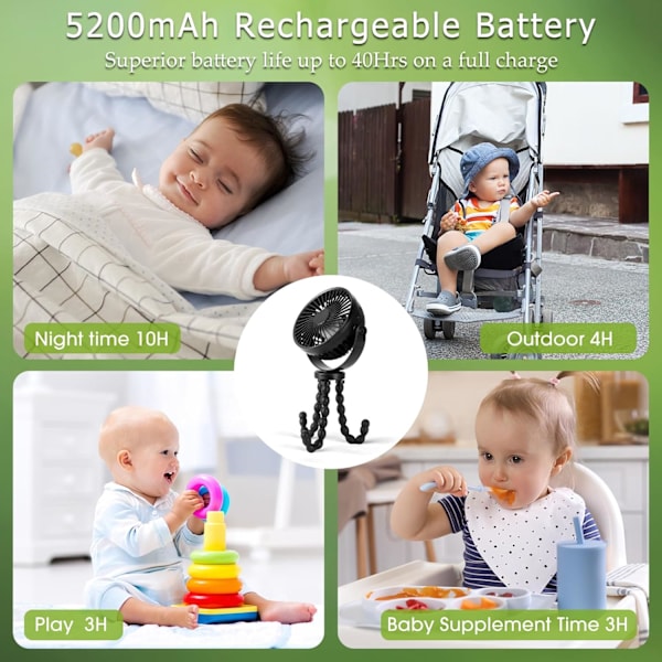 Vognvifte 5200mAh 40H, Bærbar Vifte 360° Roterbar og 3 Hastigheter med USB Oppladbar Vifte for Vogn, Barneseng, Sete, Skrivebord, Reise (Svart)