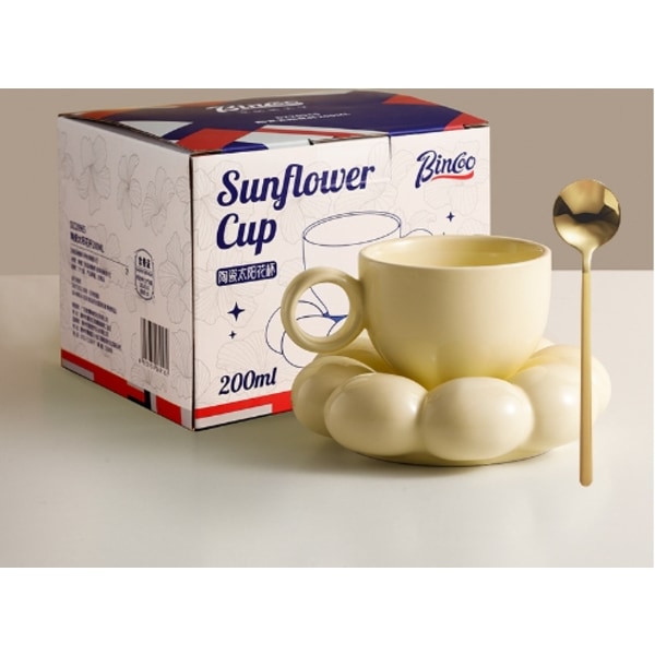 Keramisk Kaffekopp Moln Kaffekopp och Fat Set Söt Kopp med Blomma Sked och Solros Underlägg Latte Kaffekopp 200ml (gul) yellow