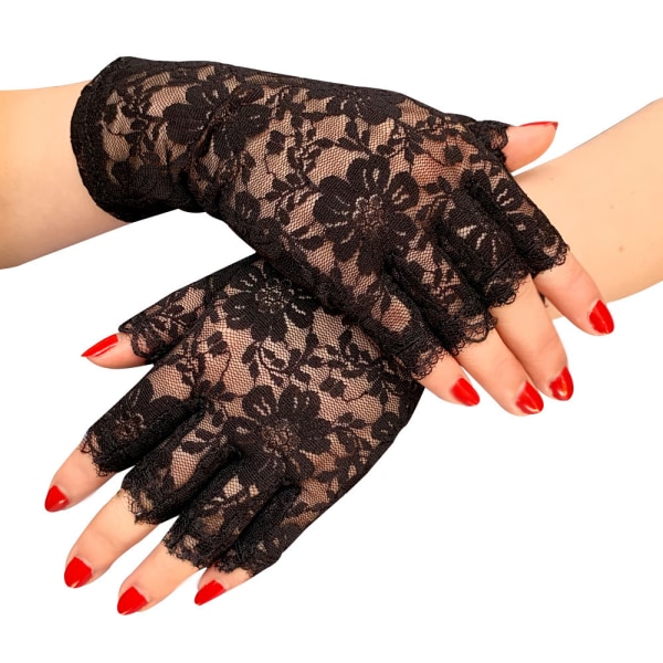 Svarta spetshandskar dam halvfinger spetshandskar Uv-skydd för finklänning (2 par)