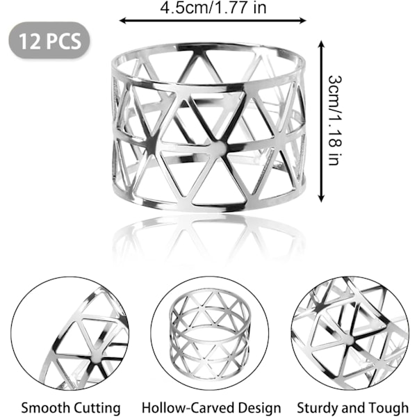 12 Stykker Sølv Servietringe Hul Designer Runde Individuelle Servietringe Metal Servietringe til Middagsselskab, Borddekoration. silver