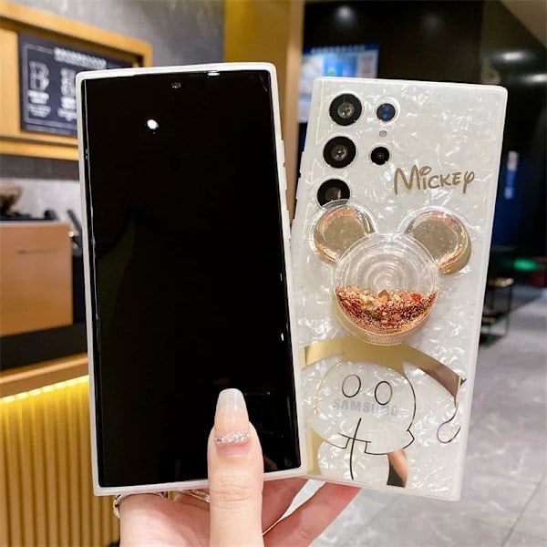 Tegneserie-deksel til Samsung og Bling Glitter Telefonstativ Søtt Telefondeksel til Jenter Kvinner Minnie Samsung S21 Minnie Samsung S21
