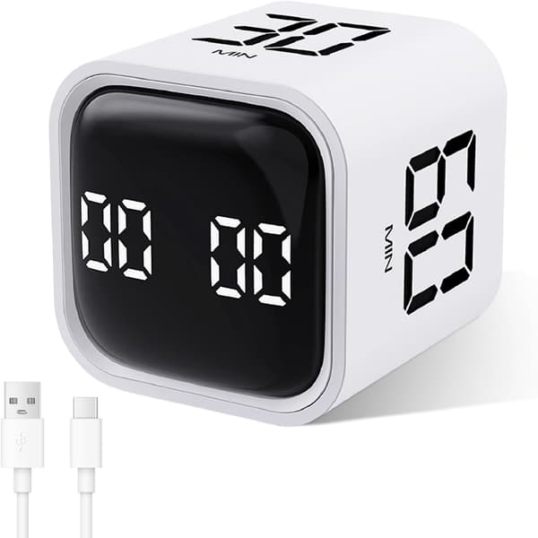 Kube Timer, Roterende Pomodoro Timer, 5/10/30/60 Minutter og Egendefinert Nedtelling, Digital Timer med Vibrasjon white
