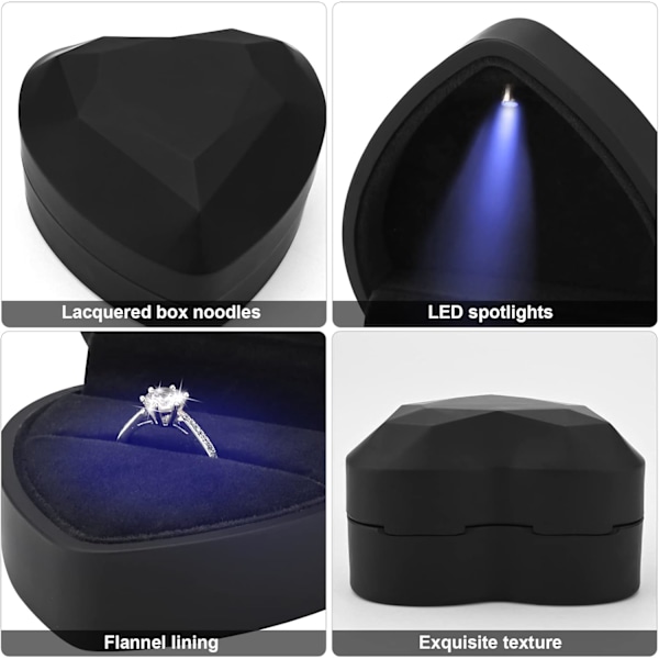 Ringboks med LED-lys Smykkeskrin Gaveeske Forlovelse Kreativ Diamant Hjerteformet Ringboks Bryllupsringetui for Frieri Forlovelse Bryllup (Svart)