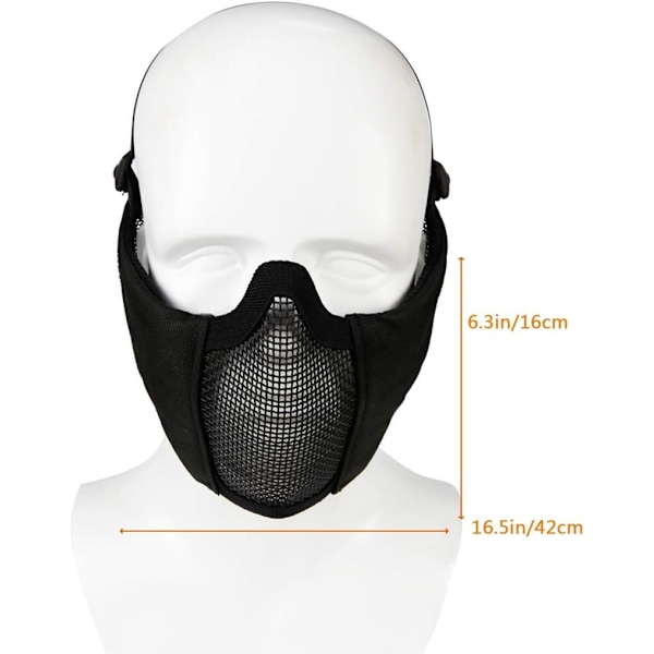 Mesh Maske, Halv Ansigt Mesh Masker med Ørebeskyttelse til CS/Jagt/Paintball/Skydning Black