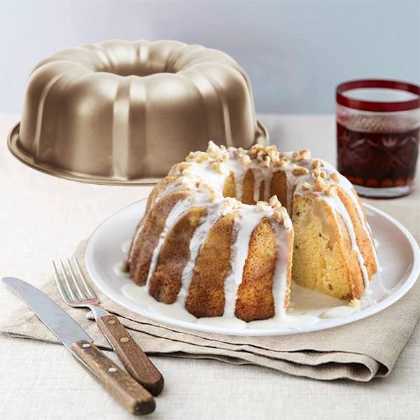 Pakke Bundt Kageform Nonstick - 25 cm Fluted Tube Kageforme til bagning, 12 Kopper Kraftig Kulstofstål Tube Form Bageform. (guld) gold