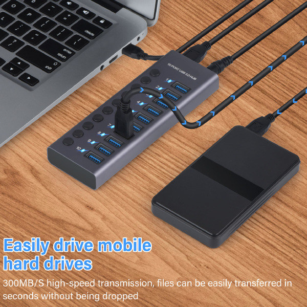 10-Port 60W USB 3.0 Hubb med Individuella Strömbrytare Aluminiumlegering LED-lampor USB 3.0 Dockningsstation 60W 12V 5A Strömadapter 100-240V EU-kontakt