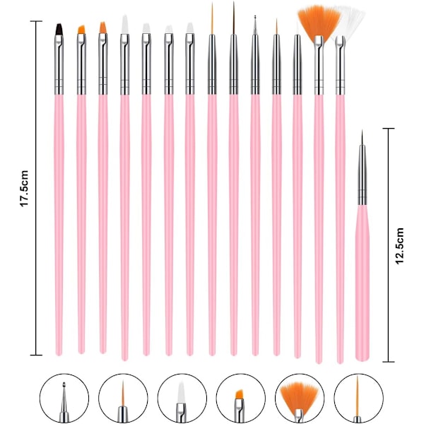 Nagelkonstpenslar Set, 15 st Akryl Nagelborste Målnings Penna och 5 st Nagelprickverktyg, Nagelpenna Designer Nagelkonst Målningsset för Diy