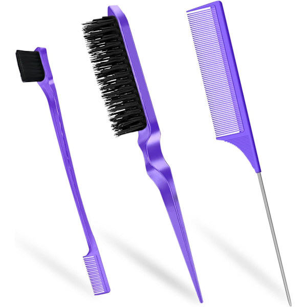 3 kpl Slick-harjasetti, muoviharjaksiset hiusharjat, tupeerauskampa, reuna-hiusharja, tupeerausharjasetti, piikkikampa, kaksipuolinen reuna-harja Purple