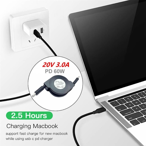 PD 60W USB-C Datakabel, Snabb laddningskabel för bärbar dator med Typ C