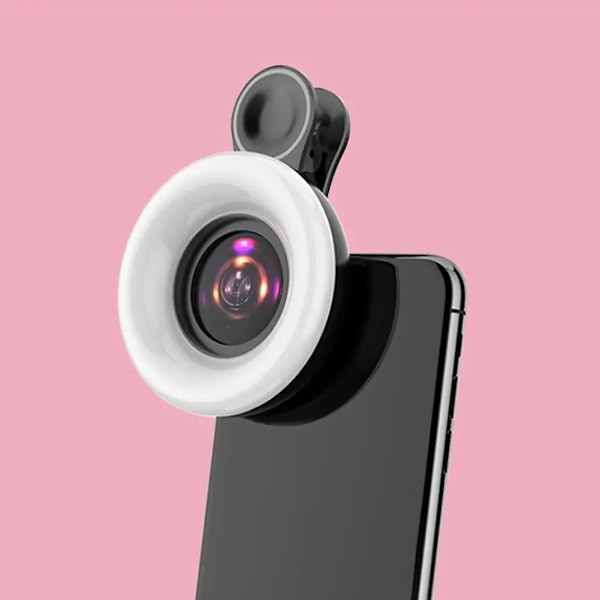 3 i 1 LED Ring Light med Mobiltelefon Clip, 15X Makro Linse Fyldlys Lampe, 53 LEDs, Genopladelig, Selfie, Live Stream black