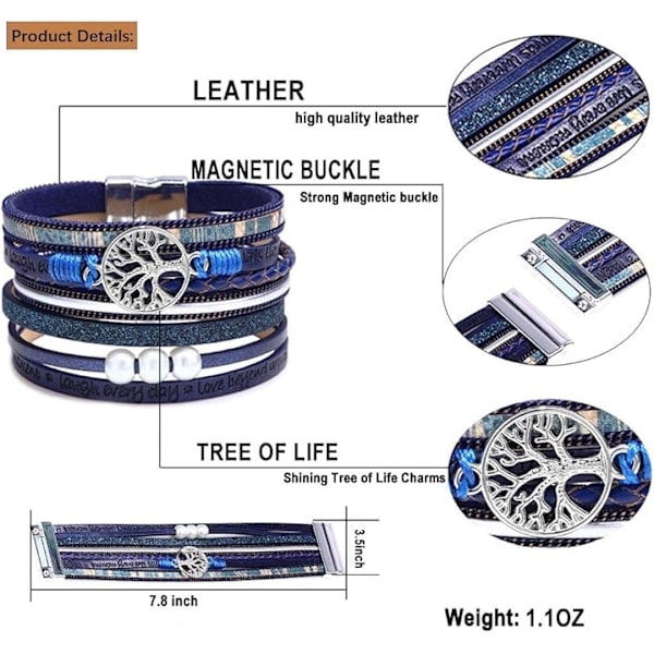 Inspirerande Livets Träd Läderarmband för Kvinnor, Födelsedag Mors Dag Smyckespresenter för Tonårsflickor Blå Blue