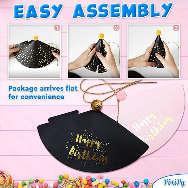 Födelsedagspartyhattar - (12-pack, Flerfärgade, 18cm) - Färgglada konformade festliga huvudbonader för minnesvärda fester - Tillbehör & Dekorationer B