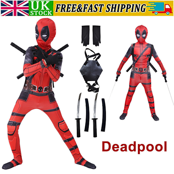 Deadpool Kostym Cosplay Barn Bodysuit Pojkar Barnens Dag Maskerad Party Kläder + svärd + väska XL