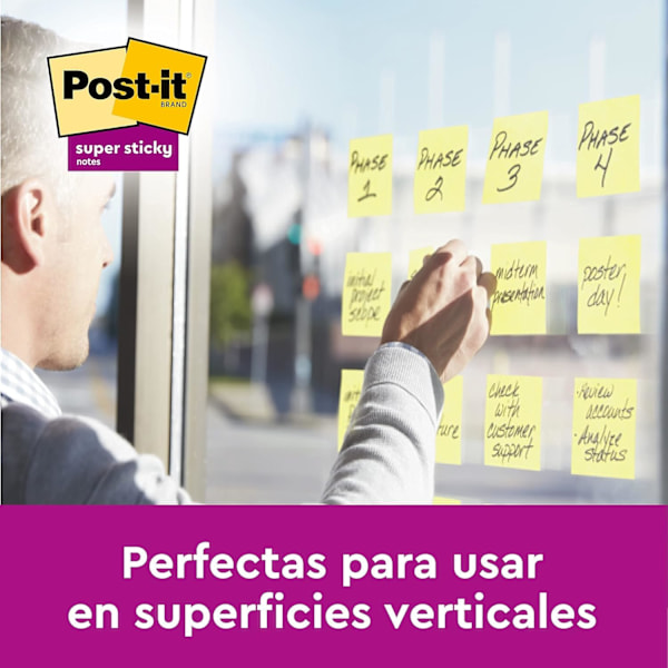 Post-it Super Sticky Notes, Kanariegula, 76 mm x 76 mm, 90 ark/block, 4 block/förpackning + 2 GRATIS - Extra klibbiga lappar för att göra-listor och påminnelser