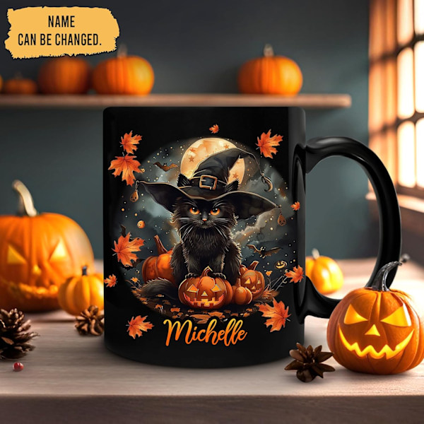 Personlig Halloween Sort Kat Krus til Katteelskere, Sort Kat Gave til Kvinder (325ml) 1