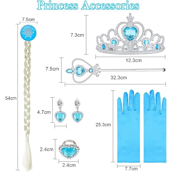 Kostym för flickor, 9 delar, ELSA-klänning för barn med krona, tiara, handskar och trollstav för jul, maskerad, karneval, halloween, födelsedagsfest 140cm