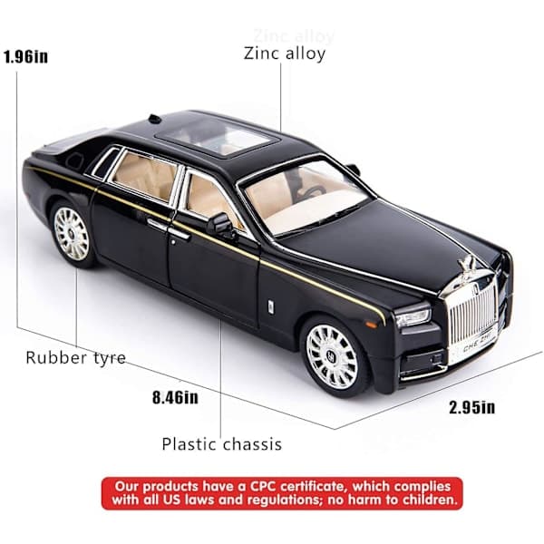 1/24 Rolls-Royce Phantom Modelbil, Zinklegering Træk Tilbage Legetøjs Støbte Biler med Lyd og Lys til Børn Drenge Pige Gave (Sort)