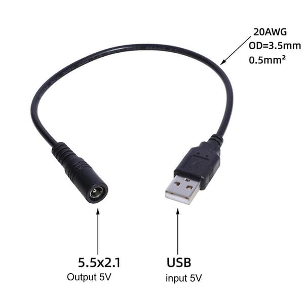 USB til DC Strømkabel DC5.5x2.1mm Hunn USB Hann DC5V Strømforsyning