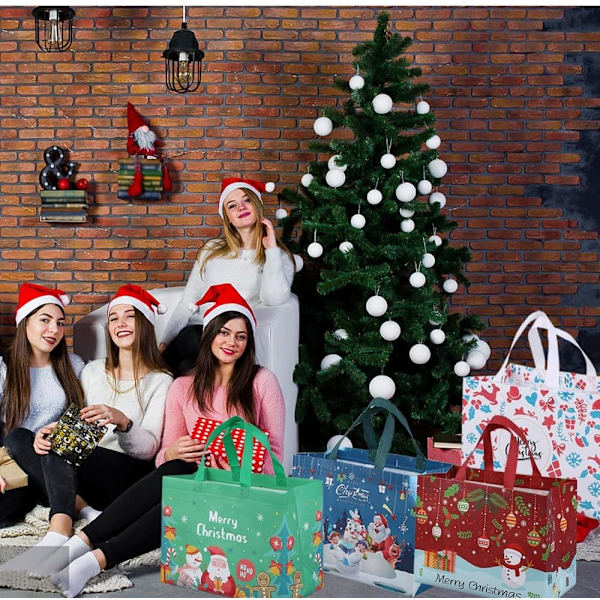 8 Pakk Jule Gjenbrukbare Handleposer, Tote Bag med Håndtak, Gavepose, Shopping Bag for Julearrangement 8 Pack