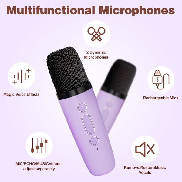 Karaokelaite lapsille ja aikuisille, kannettava karaokemikrofoni laulukaiutin 2 langattomalla mikrofonilla ja LED-valoilla Purple
