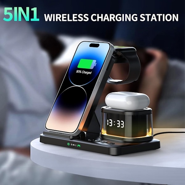iPhone Trådløs Lader 5 i 1 LED, Apple Ladestasjon for Reise og Hjemmebruk, Multifunksjonell Ladestativ Svart 5i1 Black 5in1