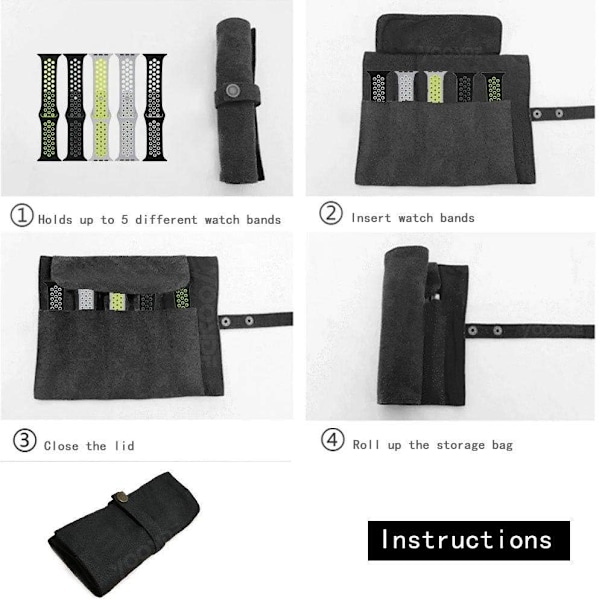 Smart Watch Band Bomull Canvas Bärbar Förvaringsväska Fodral Organisatör - Kompatibel med Apple Watchband, Garmin Watch Band, Samsung Watch Band etc Noir