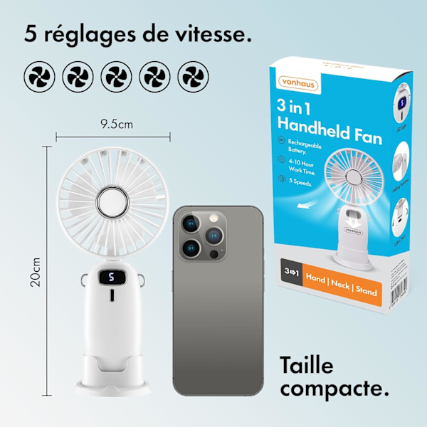Kannettava tuuletin - Mini kevyt USB-tuuletin, 5 nopeutta, 90° kokoontaitettava, 60 cm hihnalla, puhelinteline - toimistoon, kotiin, matkoille (valkoinen)
