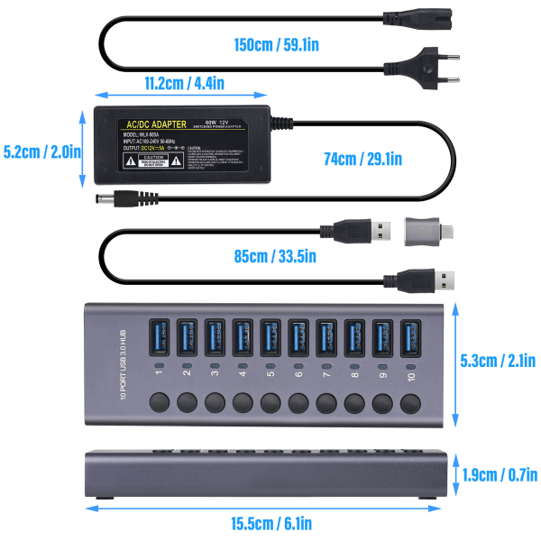 10-Port 60W USB 3.0 Hubb med Individuella Strömbrytare Aluminiumlegering LED-lampor USB 3.0 Dockningsstation 60W 12V 5A Strömadapter 100-240V EU-kontakt