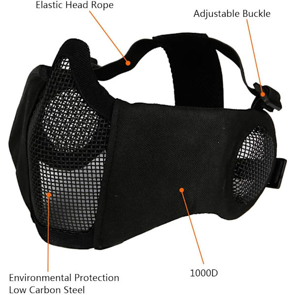 Mesh Maske, Halv Ansigt Mesh Masker med Ørebeskyttelse til CS/Jagt/Paintball/Skydning Black