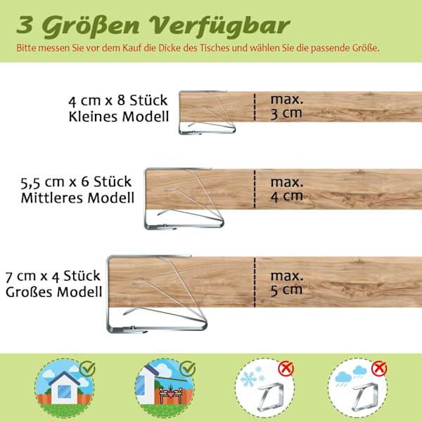Pakke med 8 dugklemmer i rustfrit stål, dugklemmer, borddugsklemmer, dugklemmer, til borde med maks.