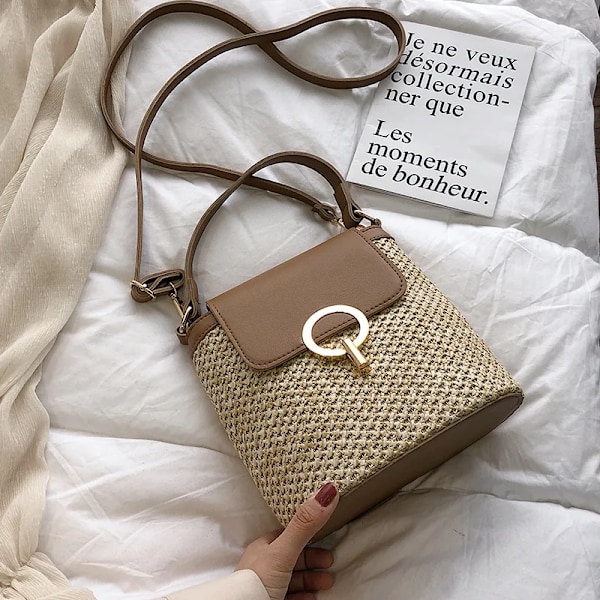 Naisten rento olkiämpäri olkalaukku kesän korikassi olkalaukku matkakassi BROWN 20x10x21cm