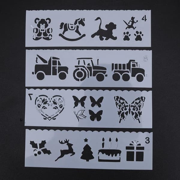 8 stk./pakke stencils med køretøjer, dyr, planter