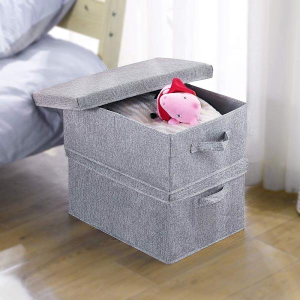 Foldbare opbevaringskasser med låg, 2 stk., opbevaringsbokse med bærehåndtag og robust kraftigt pap, 41,9 cm L x 30 cm B x 19 cm H til sko, beige grey