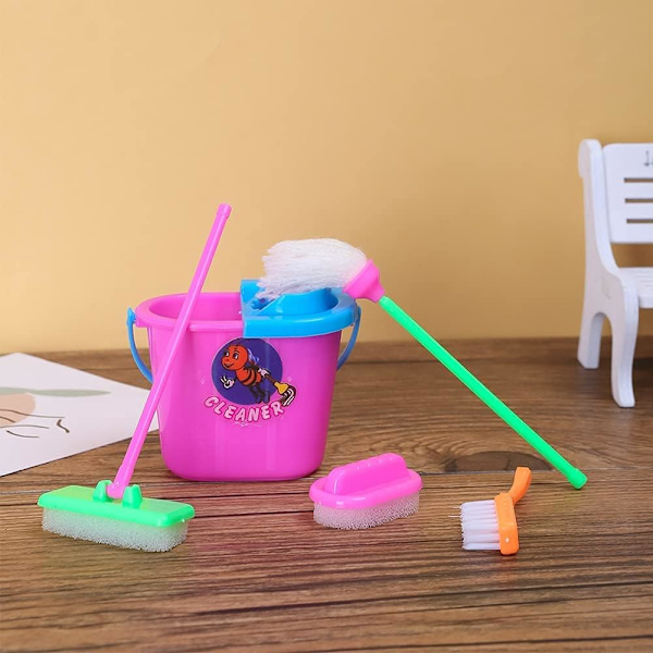 Miniatyr Mopp Sopskyffel, Borste, Kvast, Plast Hink Docka Hushållsarbete Rengöringsartiklar Verktygsset Dockskåpsmöbler