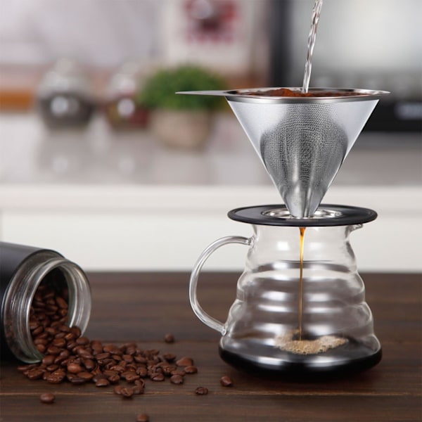 Kaffe filter 1-4 koppar, rostfritt stål handbryggt kaffekanna filterkopp droppfilter pappersfritt filter