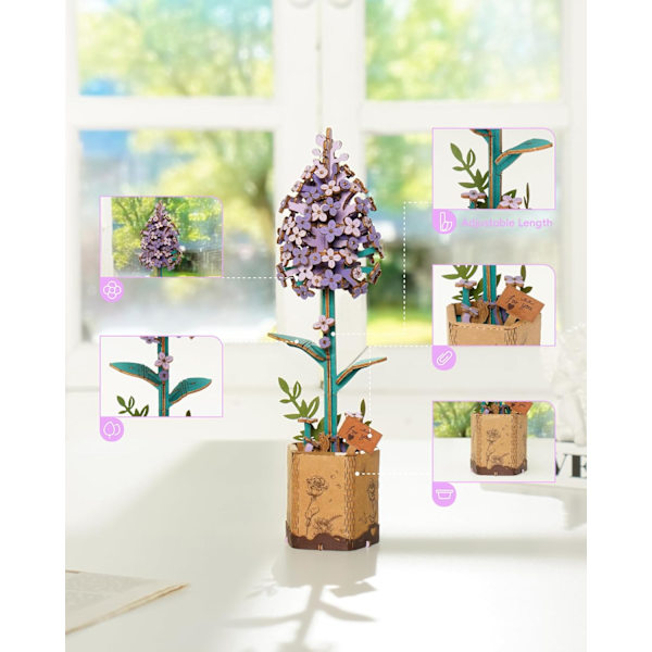 3D Puslespill Tre Blomsterbukett Modellsett for Voksne Evige Blomster Romantisk Gave til Henne Kvinner Mamma Jul/Bursdag/Valentinsdag (syren) lilac