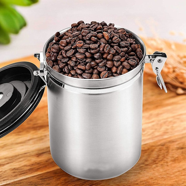 Kaffedåse, 1,8L Lufttæt Rustfri Stål Krukke med Ske, Madopbevaringsboks, Vakuumforseglet Gummi Silver