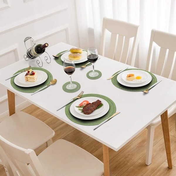 15\" Pyöreä Kudottu Tabletti, Liukumaton Eristävä Kudottu Puuvillainen Pöytämatto, Pestävä (6 kpl:n setti) Verde 6pc placemats and 6pc coasters
