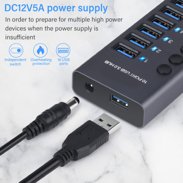 10-Port 60W USB 3.0 Hubb med Individuella Strömbrytare Aluminiumlegering LED-lampor USB 3.0 Dockningsstation 60W 12V 5A Strömadapter 100-240V EU-kontakt