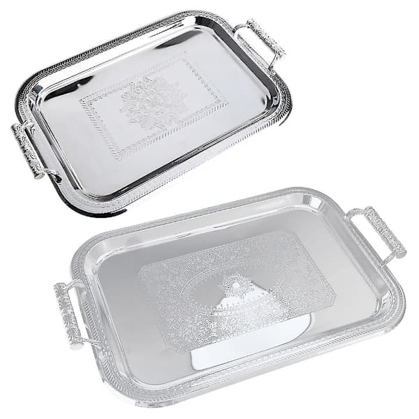 Nordisk serveringsbrett i rustfritt stål med håndtak Elegant rektangulær kaffebar Matholder Dessert Display Plate Decor Sølv L Silver L