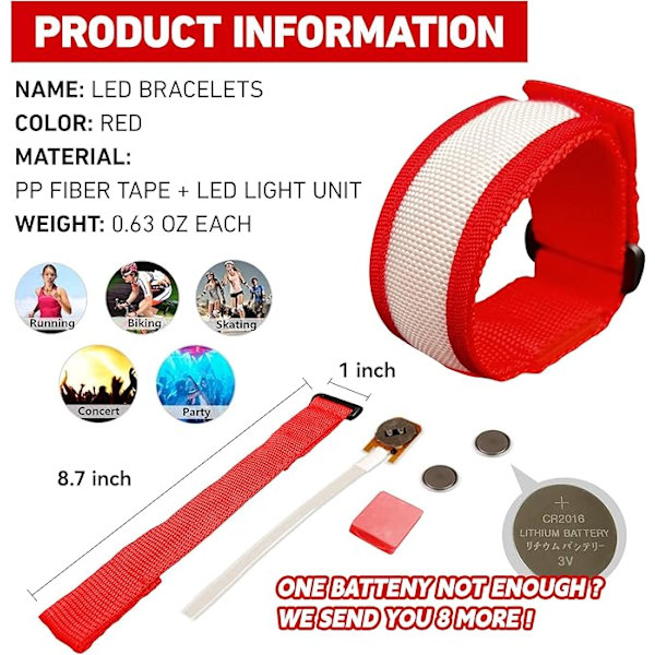 Armband, LED-ljusarmband, glitter sportarmband, 8-pack lyser i mörkret festtillbehör för konserter, festivaler, sport, fester, evenemang